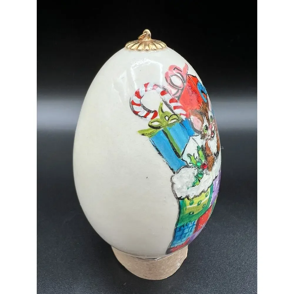 Hand Painted 4” Christmas Egg Ornament Cat w Presents in Stocking Signed